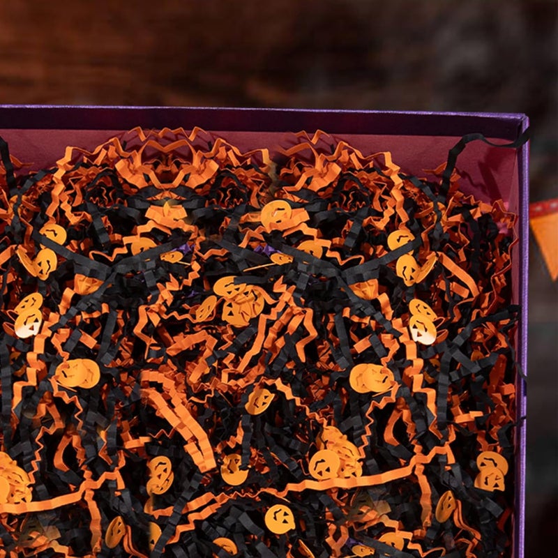 Gloreyan 1LB Halloween Crinkle Cut Paper Shred, Black Orange Raffia Paper Sherd Filler Grass with Pumpkin Confetti for Gift Wrapping Basket Filling Halloween Birthdays Weddings Party Supply - Image 4